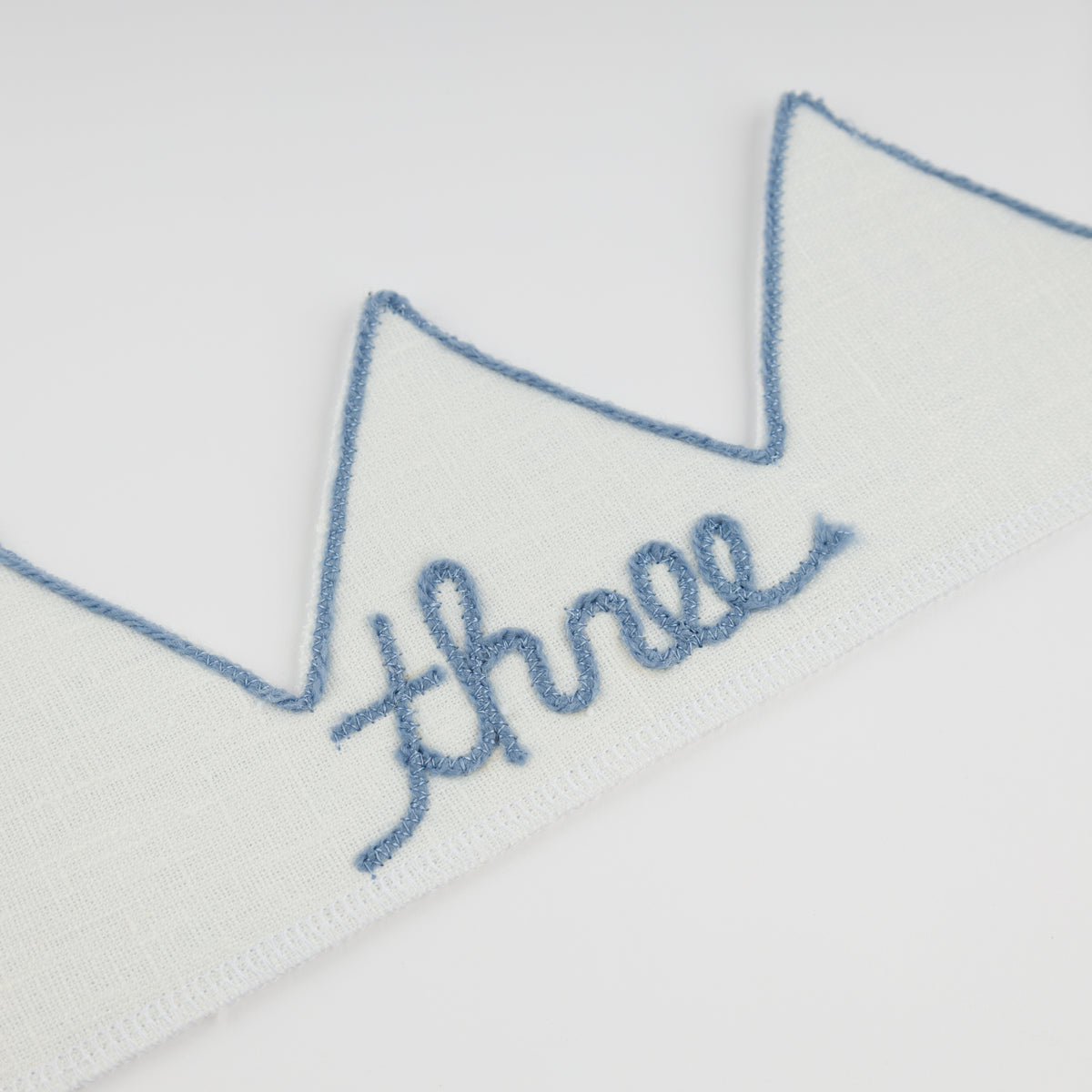 oh baby! Birthday Crown - three - Fog Embroidered Trim on Oyster Linen - Three Close Up