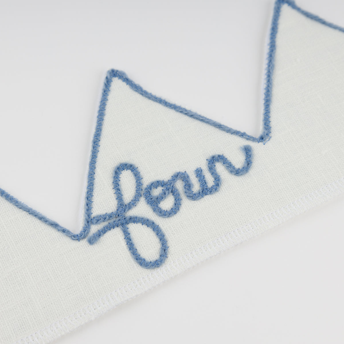 oh baby! Birthday Crown - four - Fog Embroidered Trim on Oyster Linen - Four Close Up