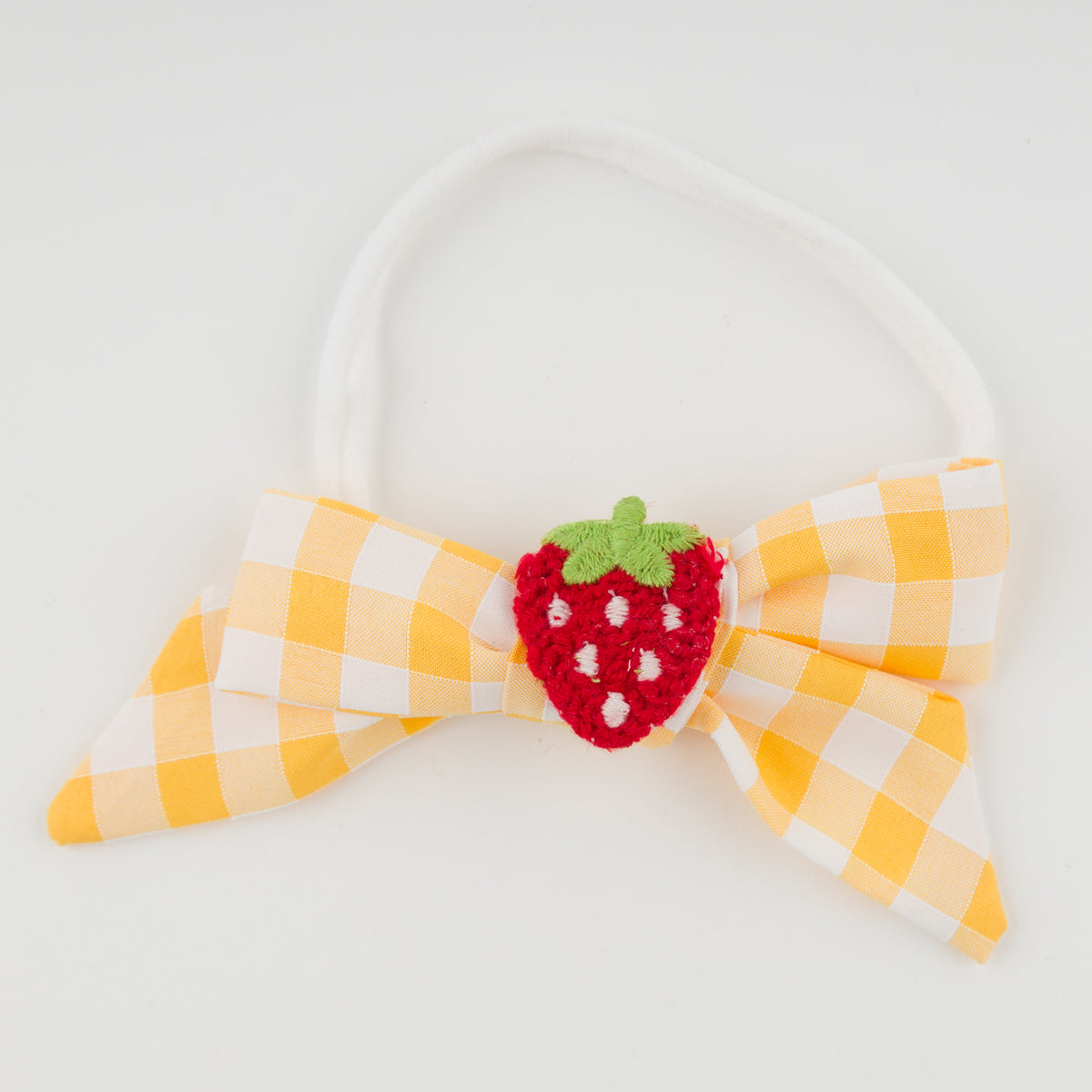 oh baby! Tie Bow on Headband - Crochet Strawberry Check - Lemon