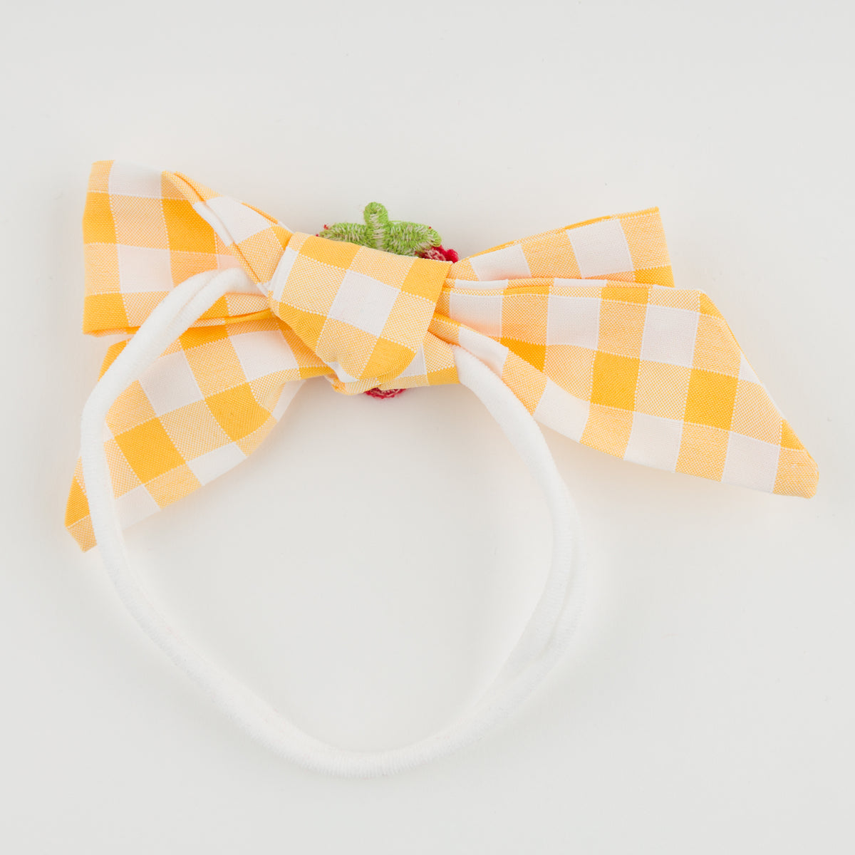 oh baby! Tie Bow on Headband - Crochet Strawberry Check - Lemon