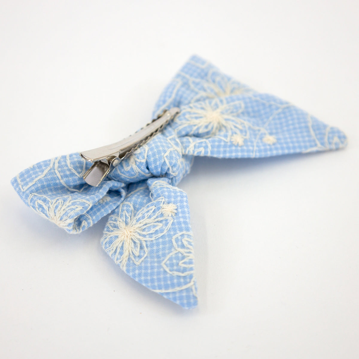 oh baby! Hair Bow Clip - Embroidered Flower - Sky Blue
