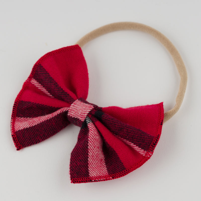 oh baby! Mini Tartan Gathered Bow Nylon Headband - Red - Flat Lay