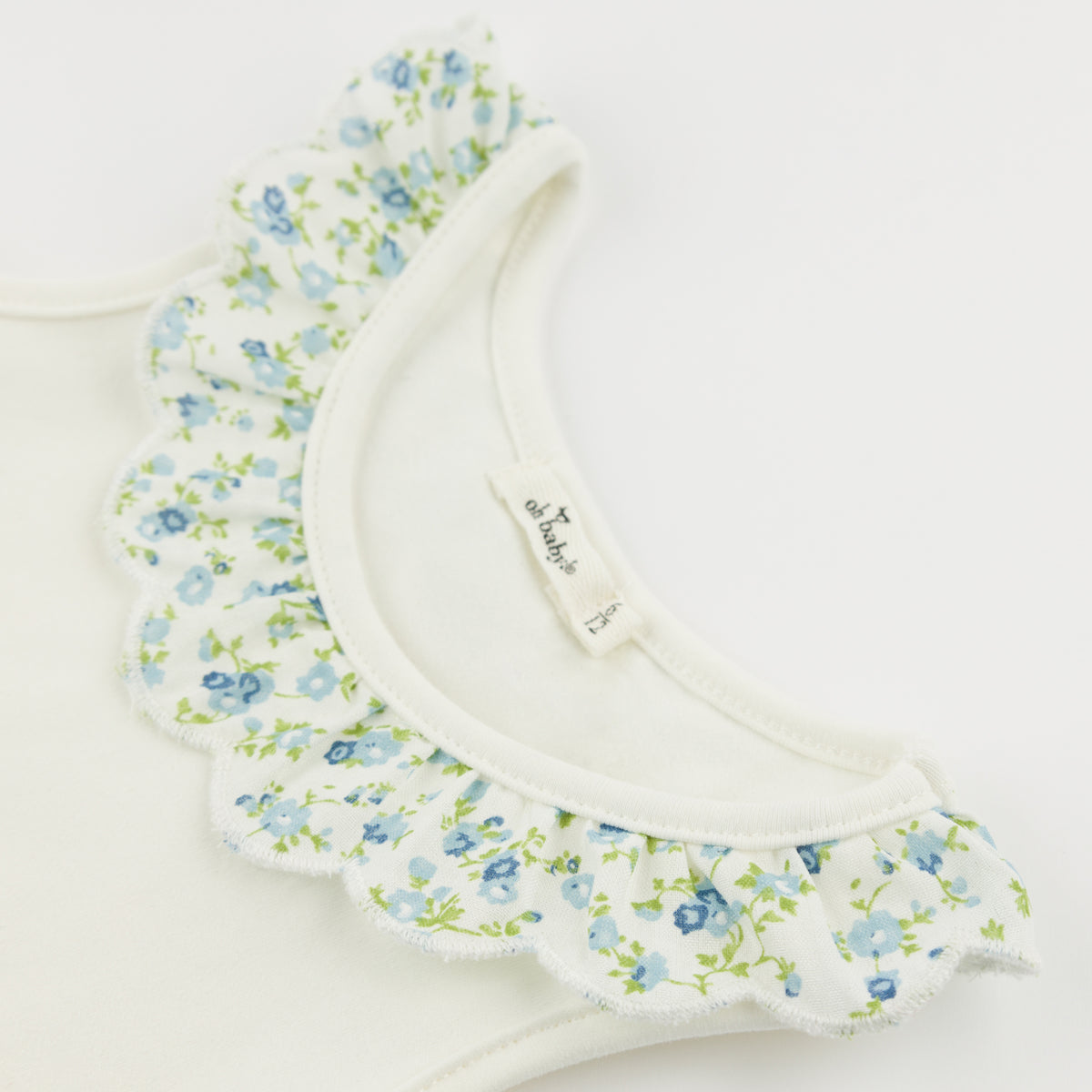 oh Baby! Bella Tank - Sky Blue Poppy Sprig Ruffle Collar - Oyster - Close Up