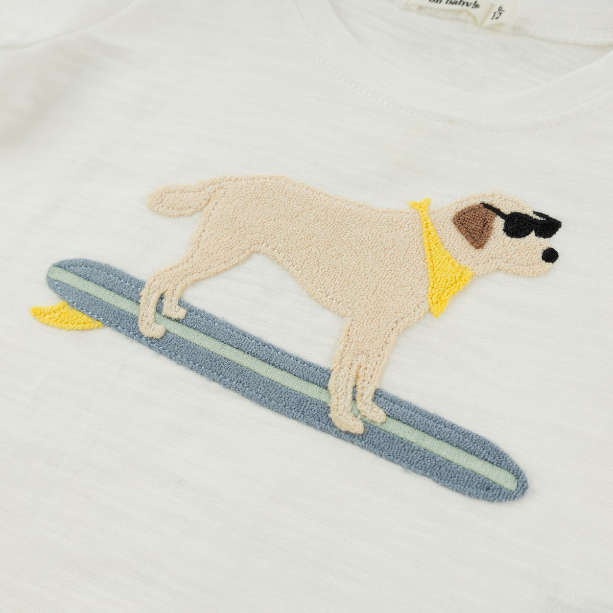 oh baby! Raw Edge Short Sleeve Tee - Surfing Dog Applique - Oyster - Applique Close Up