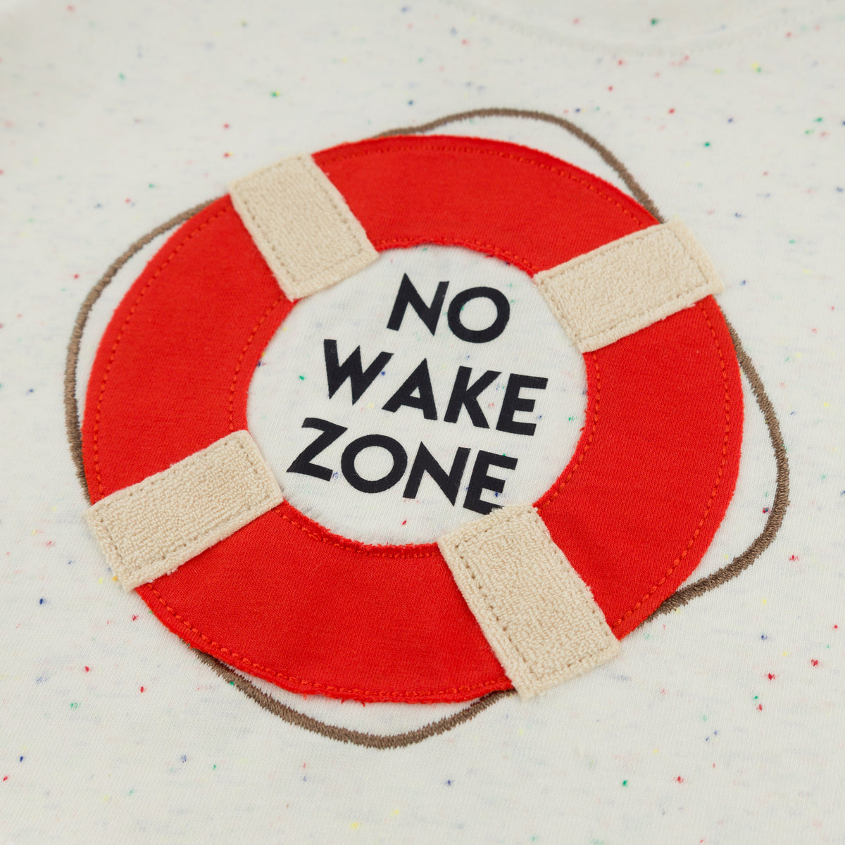 oh baby! Raw Edge Sleeve Tee -"No Wake Zone" Applique - Confetti Oyster - Close Up Applique