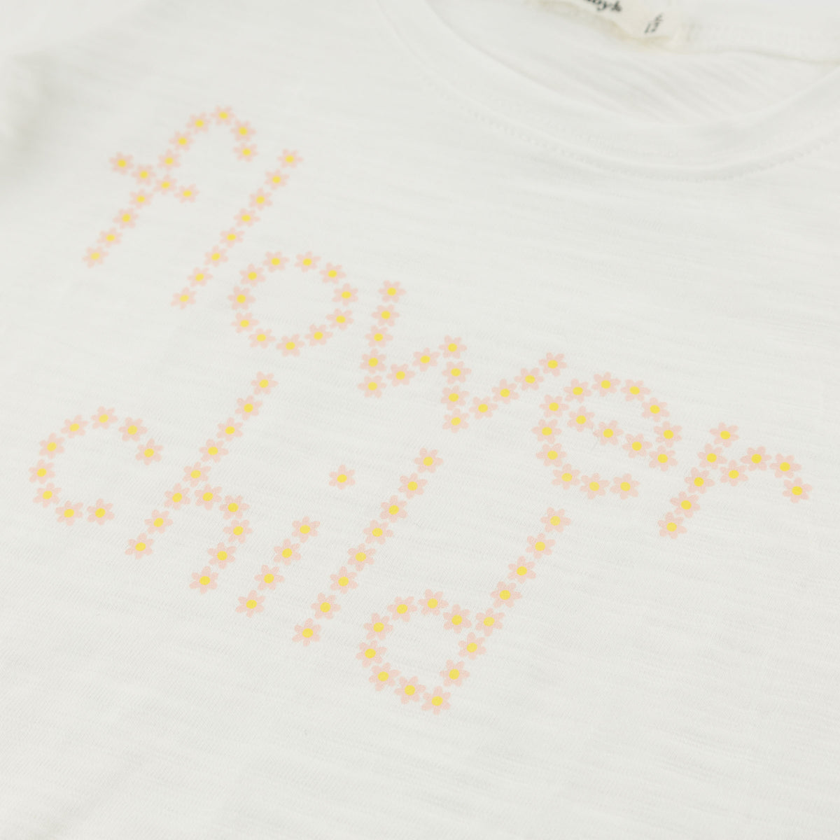 oh baby! Raw Edge Short Sleeve Tee - "Flower Child" Print - Oyster - Close Up