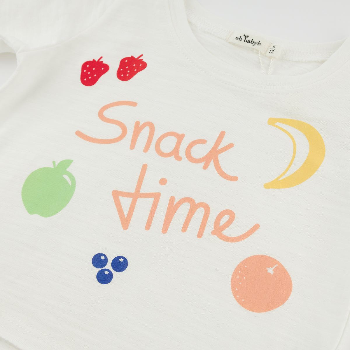 oh baby! Raw Edge Short Sleeve Tee - "Snack Time" Printed - Oyster