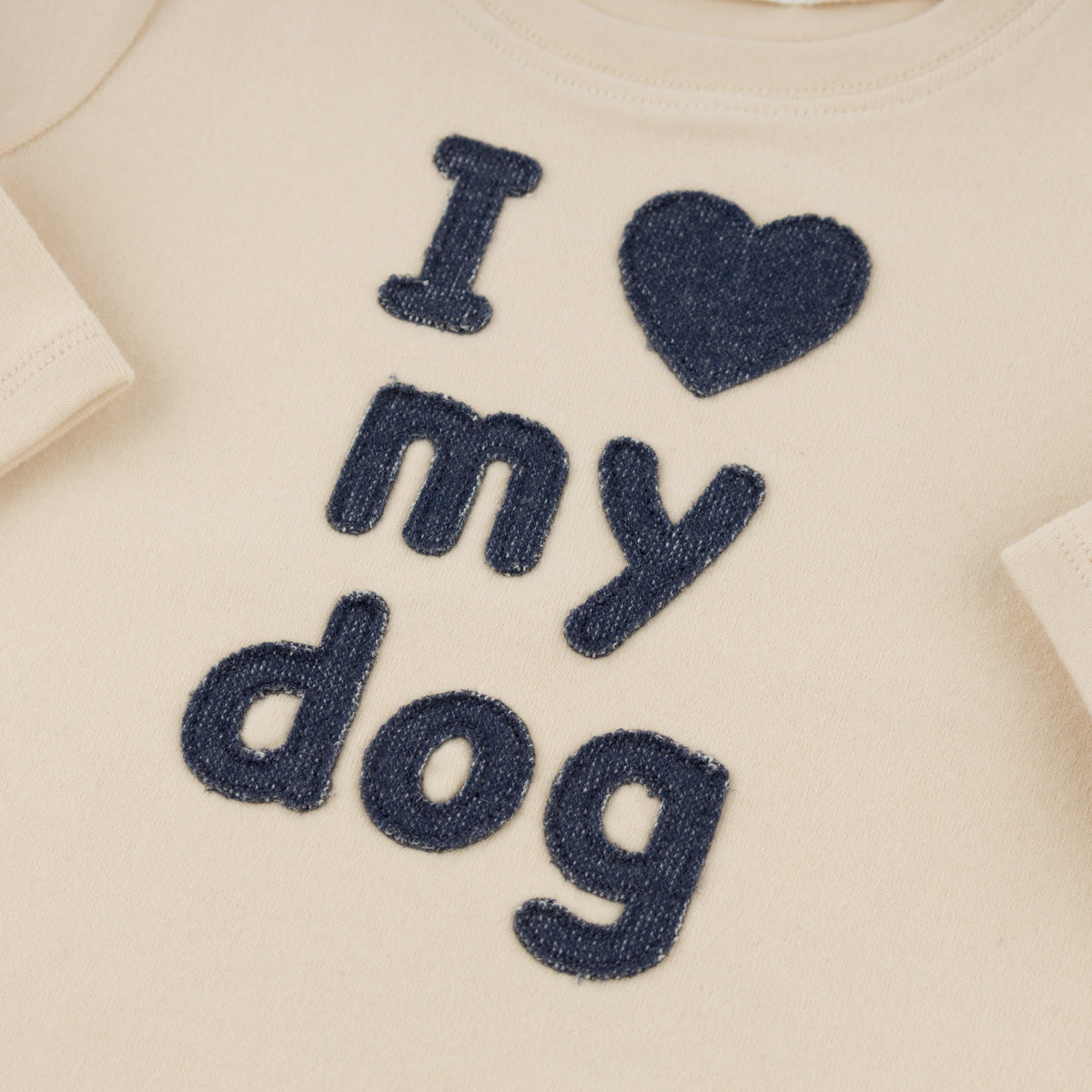 oh baby! Raw Edge Long Sleeve Tee - "I Heart My Dog" - Shortbread - Close Up