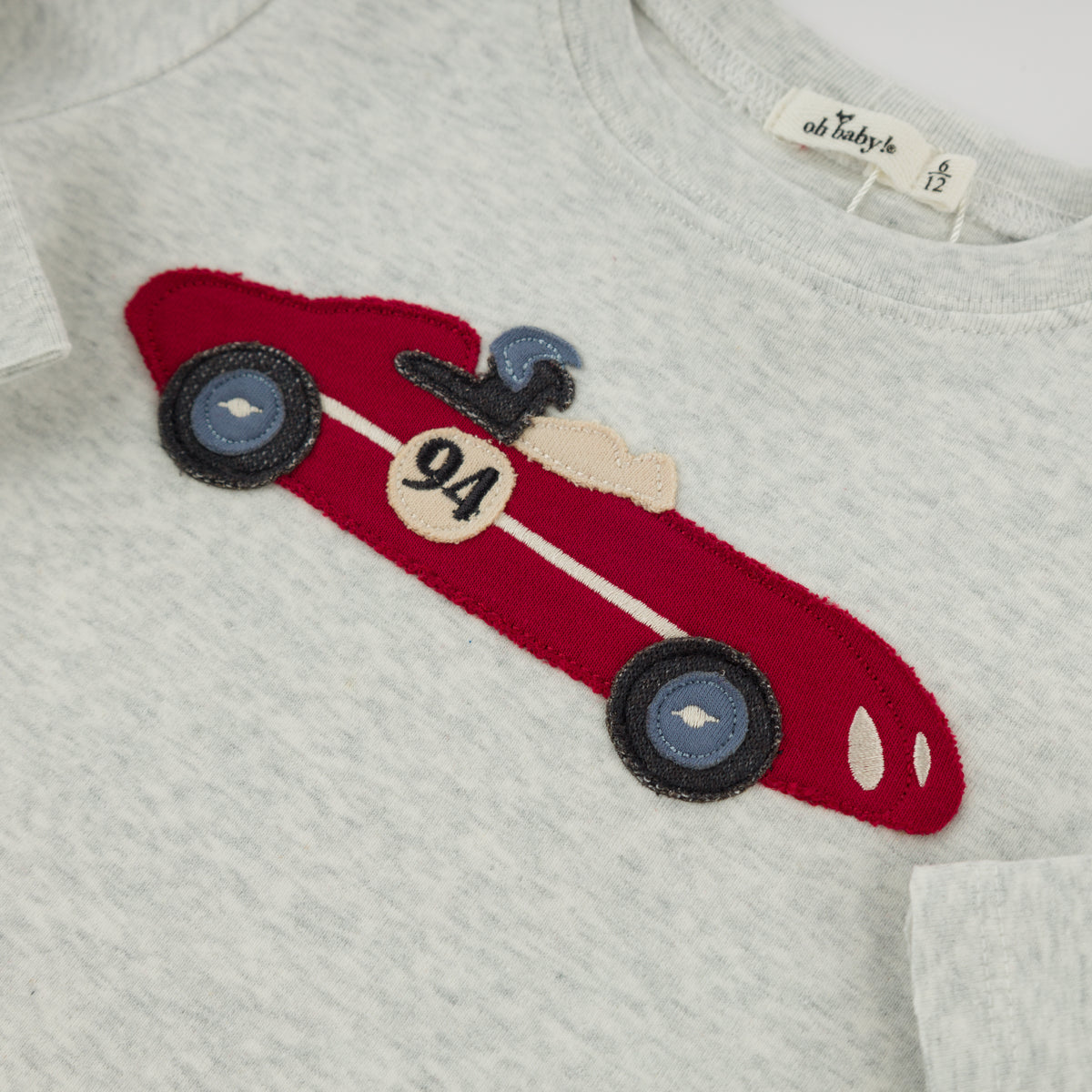 oh baby! Long Sleeve Tee - Race Car Applique - Heather Gray - Applique