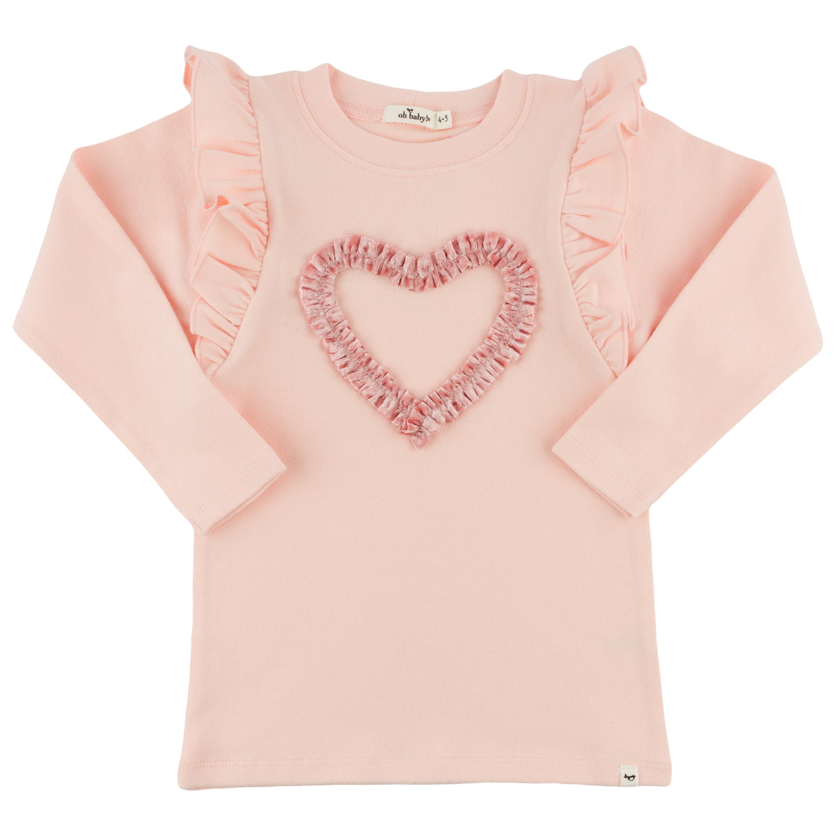 oh baby! Millie Ruffle Long Sleeve Tee - Pink Velvet Ruffle Heart - Pale Pink
