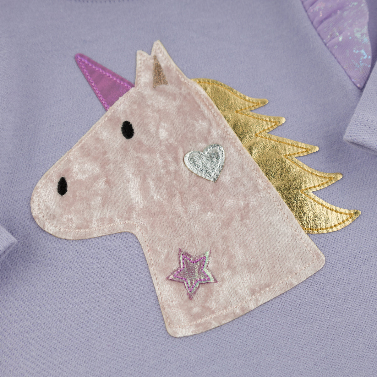 oh baby! Millie Long Sleeve Tee - Unicorn Head Applique - Lavender  - Unicorn Applique Close Up