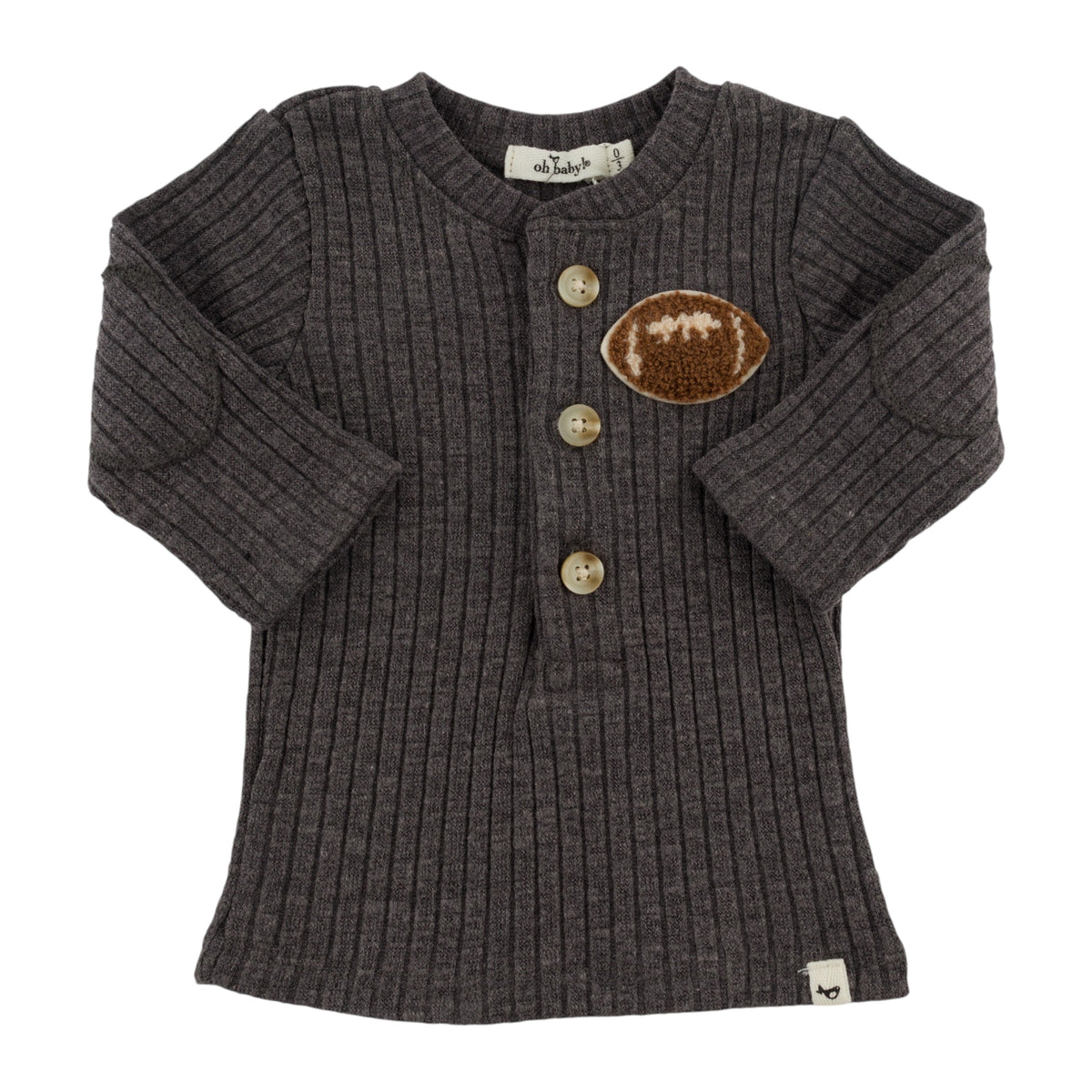 oh baby! Sweater Knit Elbow Patch Henley - Football Chenille Patch - Charcoal
