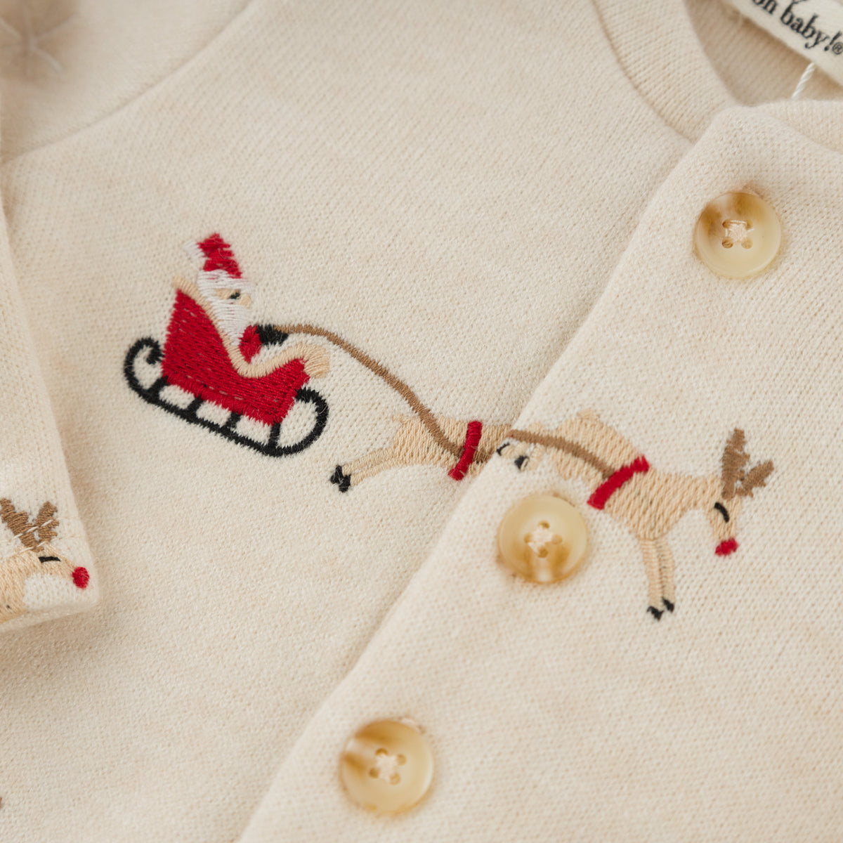 oh baby! Sweater Knit Elbow Patch Henley - Embroidered Santa Sleigh - Natural - details - buttons