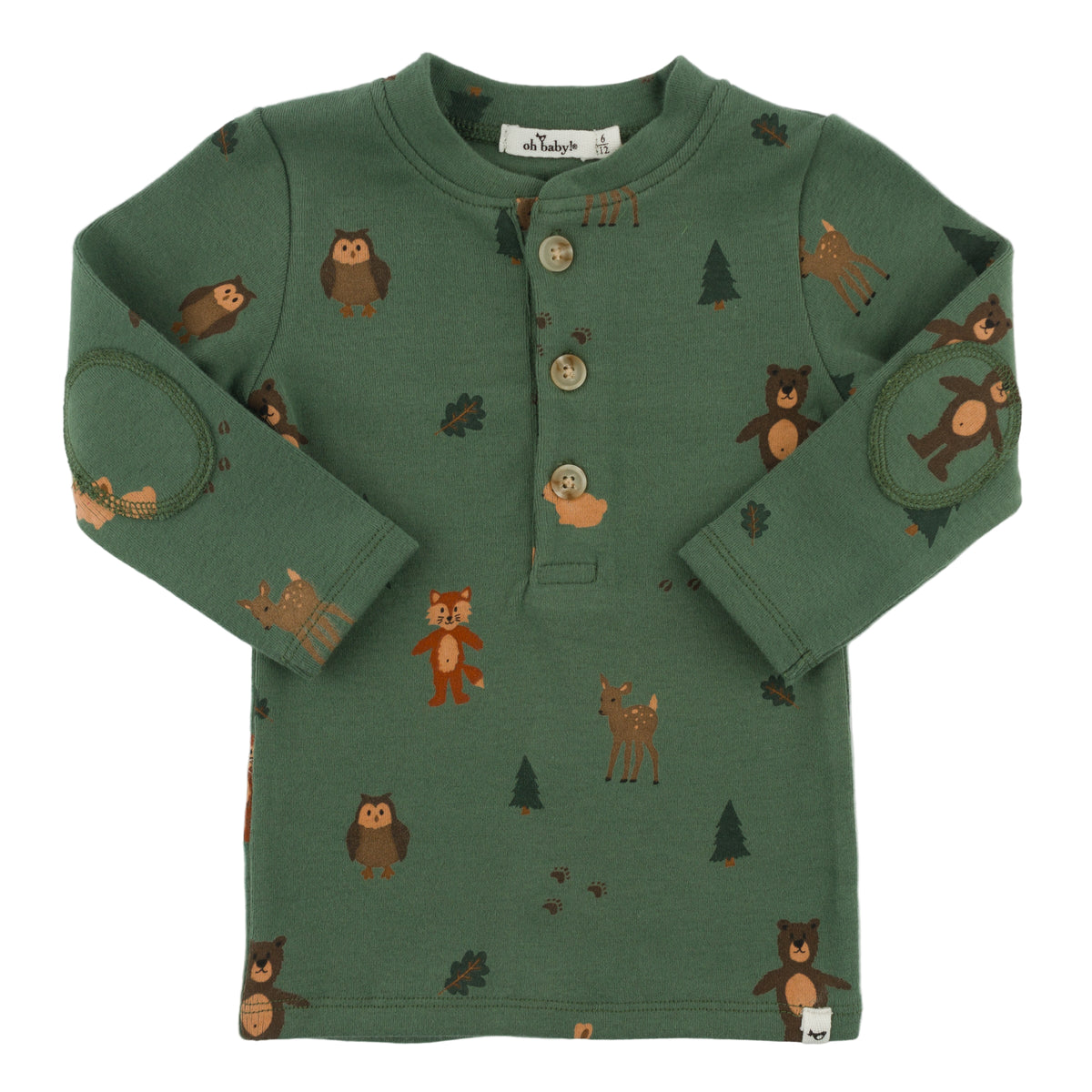 oh baby! Elbow Patch Henley Shirt - Forest Friends - Spruce