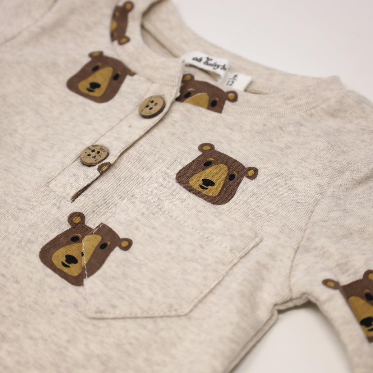 oh baby! Long Sleeve Henley Tee with Brown Bear Faces Print - Sand