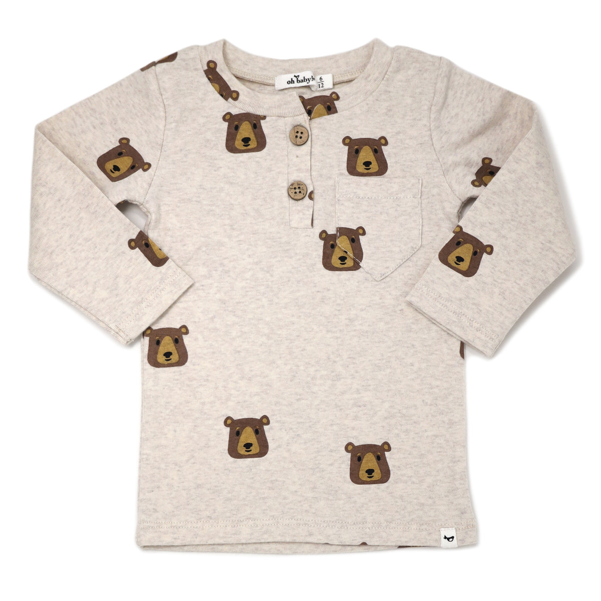 oh baby! Long Sleeve Henley Tee with Brown Bear Faces Print - Sand