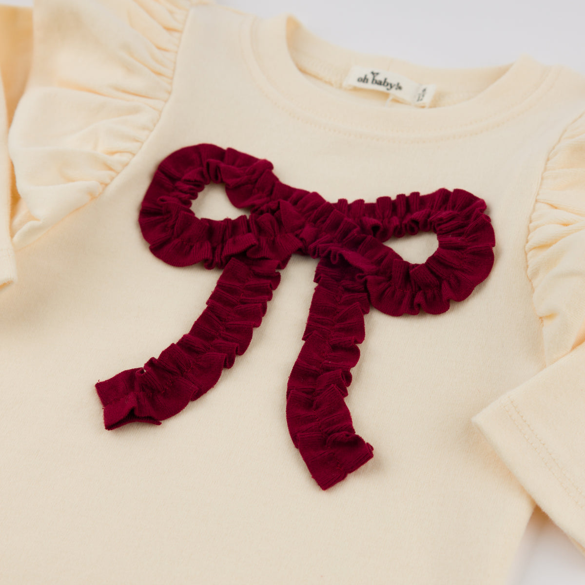 oh baby! Butterfly Long Sleeve Tee - Ruffle Knit Vintage Red Bow Applique - Vanilla