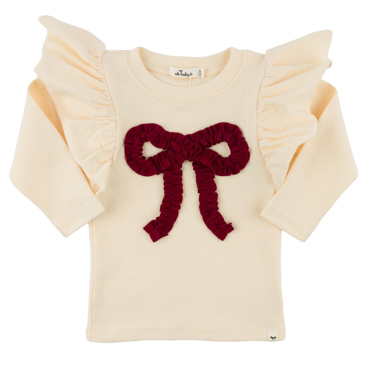 oh baby! Butterfly Long Sleeve Tee - Ruffle Knit Vintage Red Bow Applique - Vanilla