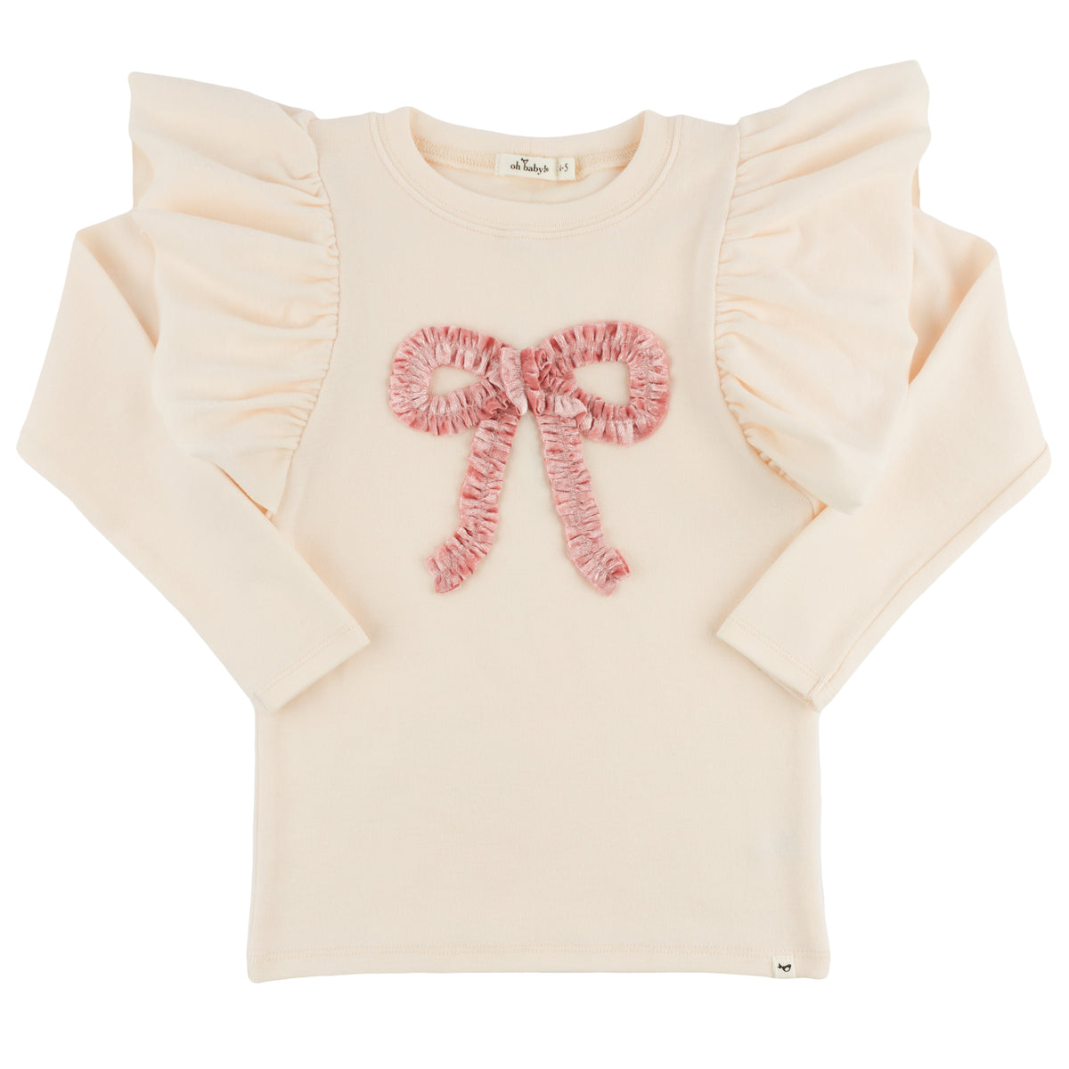 oh baby! Butterfly Long Sleeve Tee - Pink Velvet Ruffle Bow - Natural