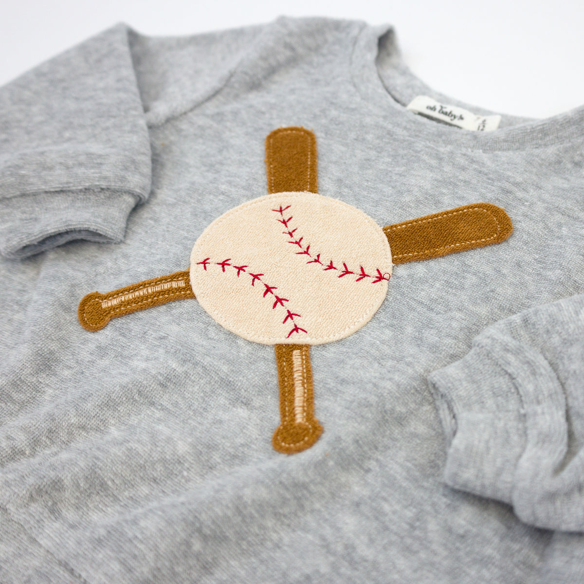 oh baby! Cotton Terry Boxy Sweatshirt - Vintage Baseball Applique - Heather Gray