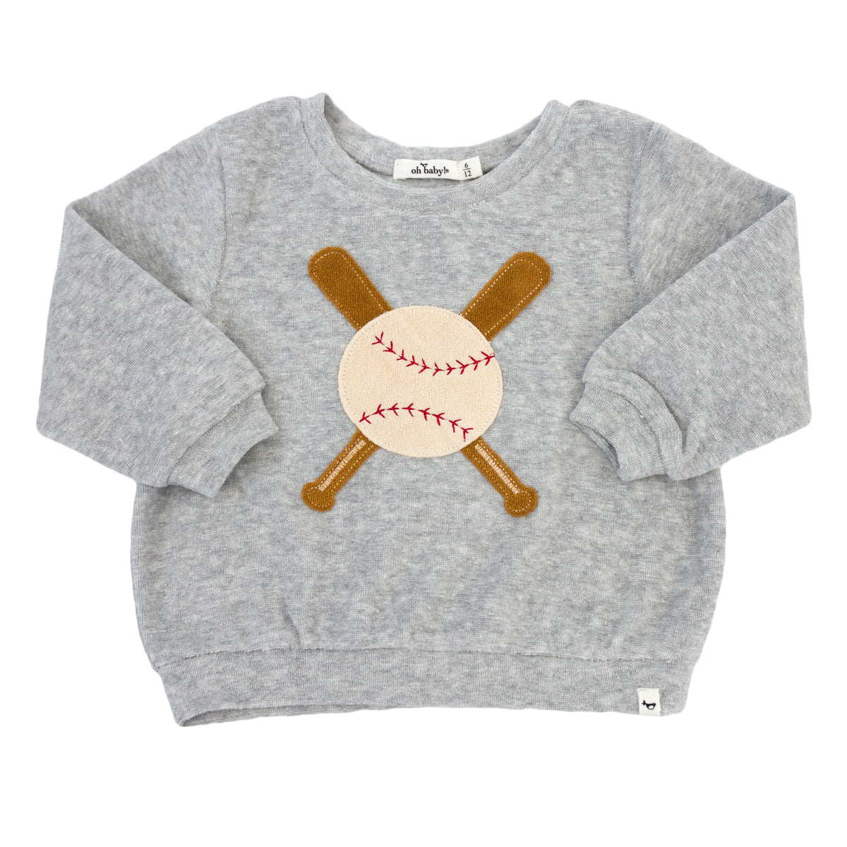oh baby! Cotton Terry Boxy Sweatshirt - Vintage Baseball Applique - Heather Gray