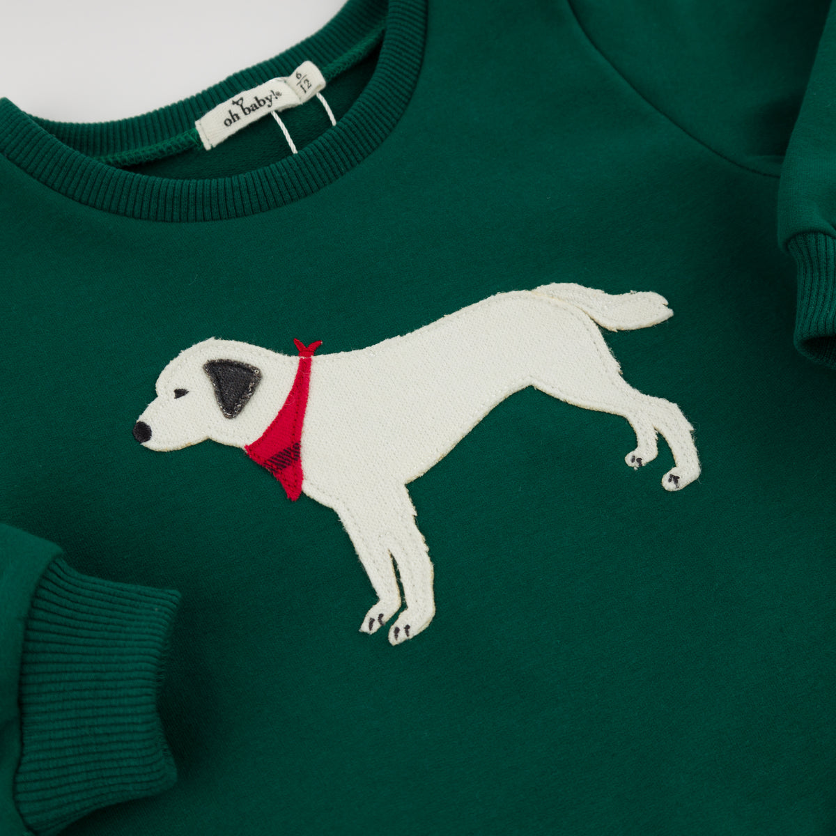 oh baby! Brooklyn Boxy Sweatshirt - English Lab Applique - Forest - closeup - collar