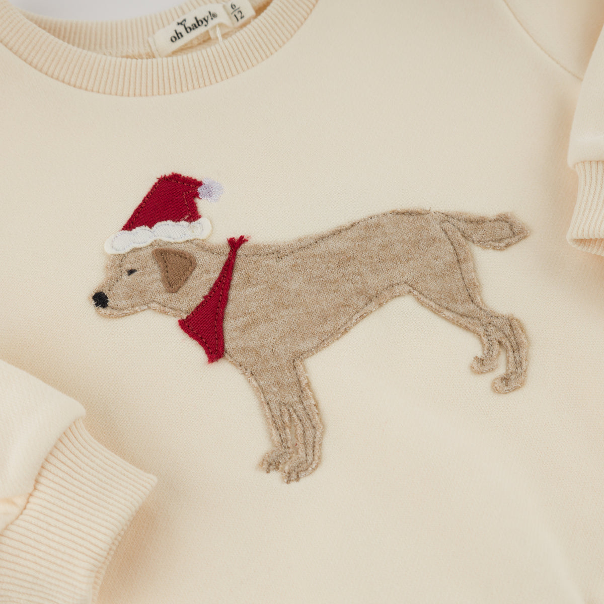 oh baby! Brooklyn Boxy Sweatshirt - Santa Lab Applique - Sugar Cookie - closeup