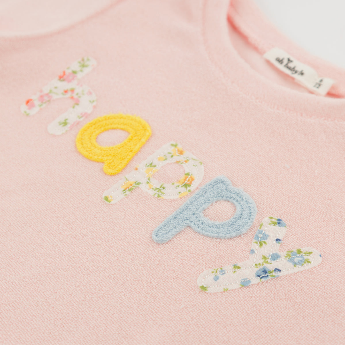 oh baby! Brooklyn Boxy Sweatshirt - Multi-Color Floral "Happy" Applique - Pale Pink - Close-Up
