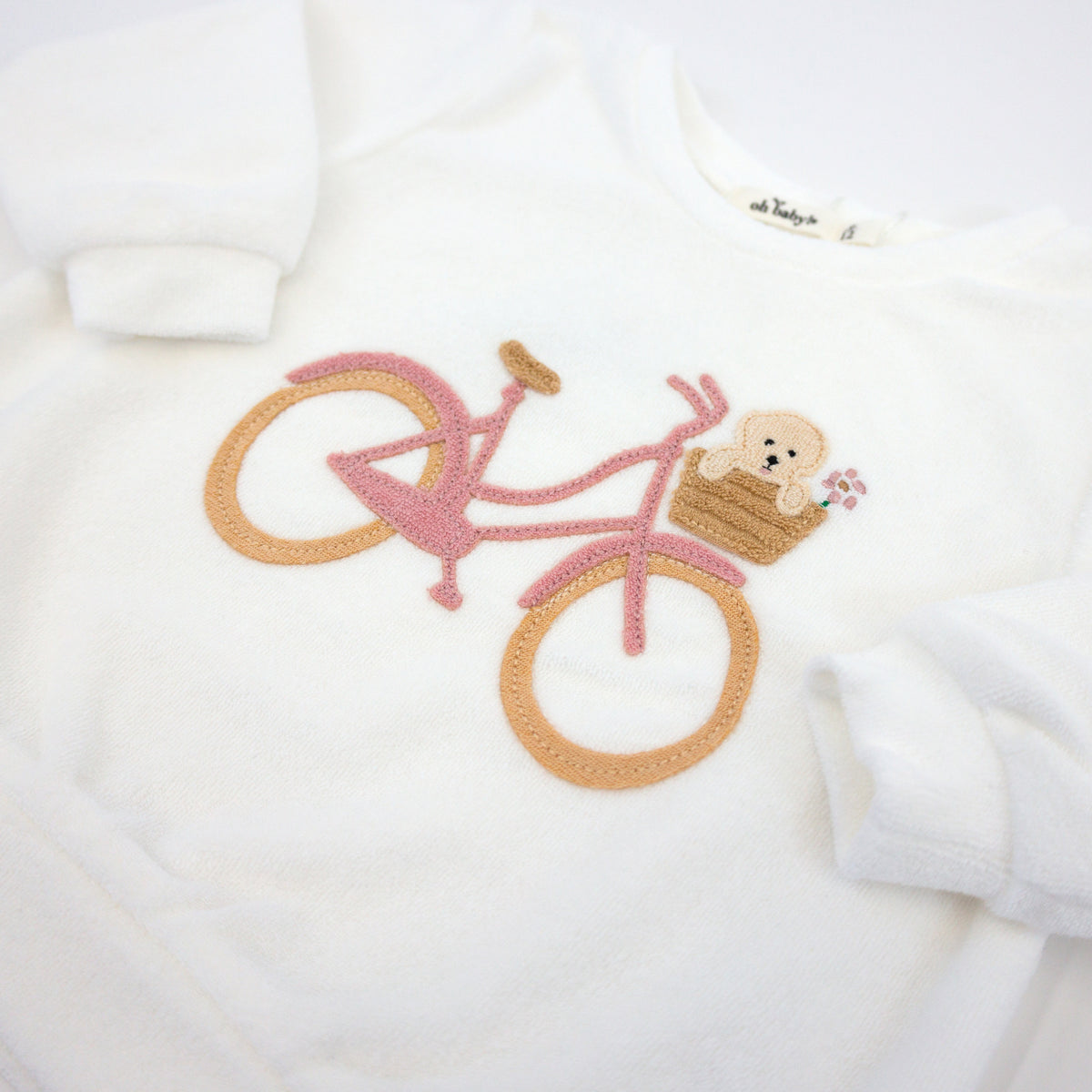 oh baby! Cotton Terry Boxy Sweatshirt - Bicycle Puppy Basket Applique - Snow