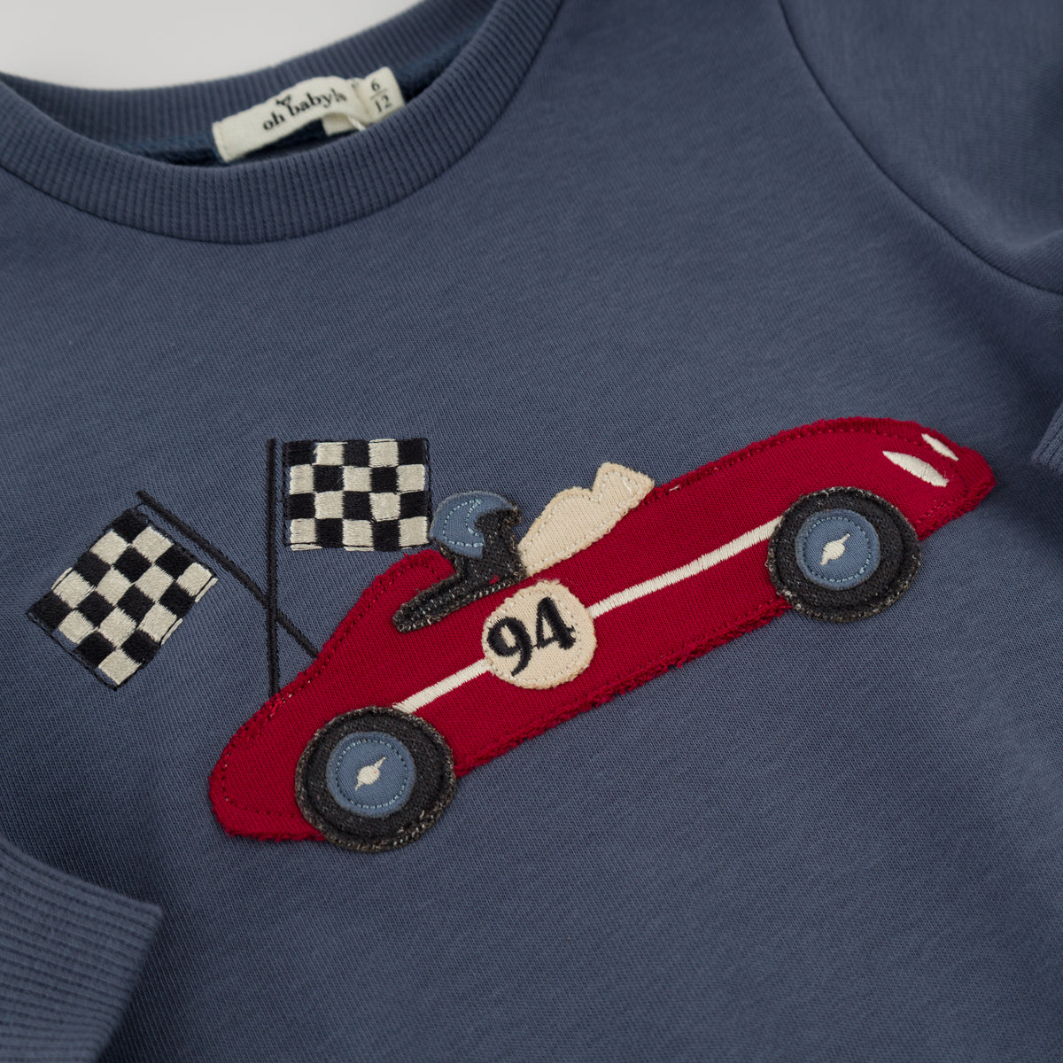 oh baby! Brooklyn Boxy Sweatshirt - Race Car with Flag - Denim - Applique