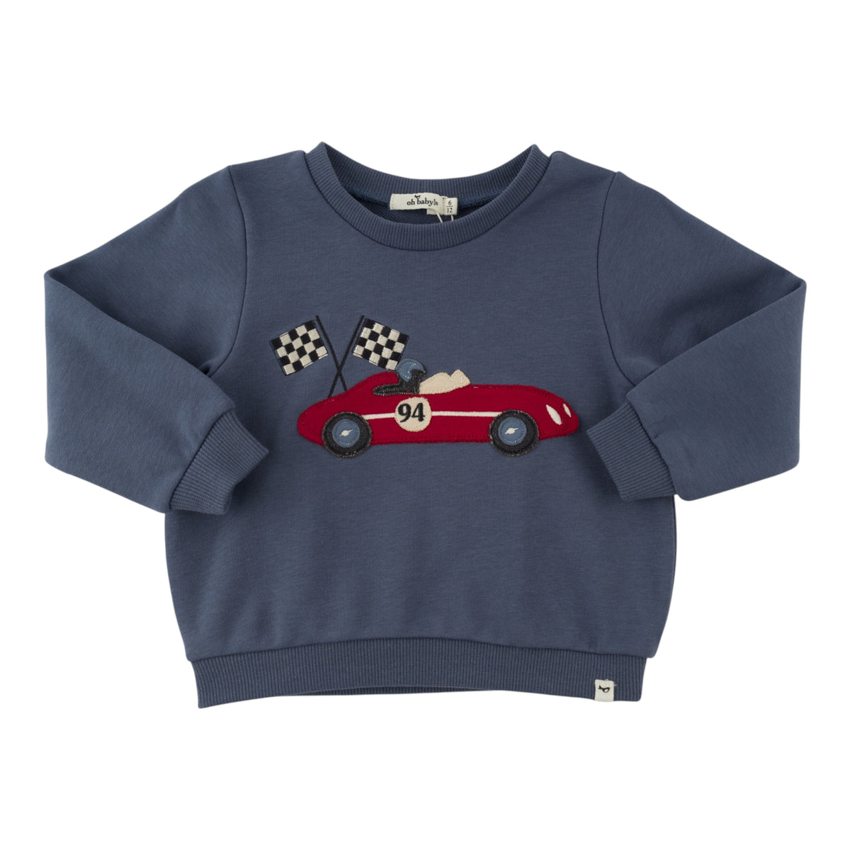 oh baby! Brooklyn Boxy Sweatshirt - Race Car with Flag - Denim