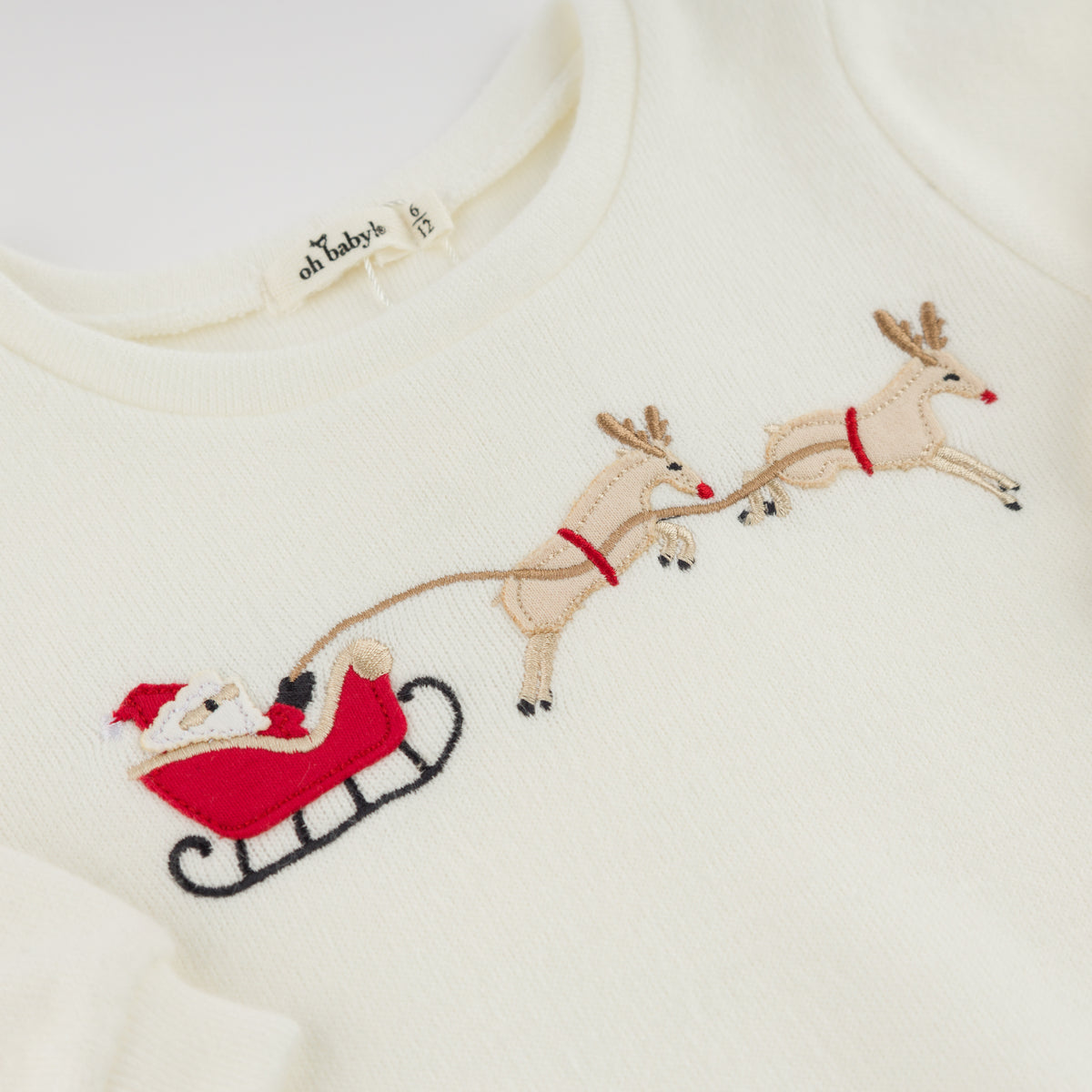oh baby! Brooklyn Boxy Sweatshirt - Santa Sleigh Applique - Cream - closeup