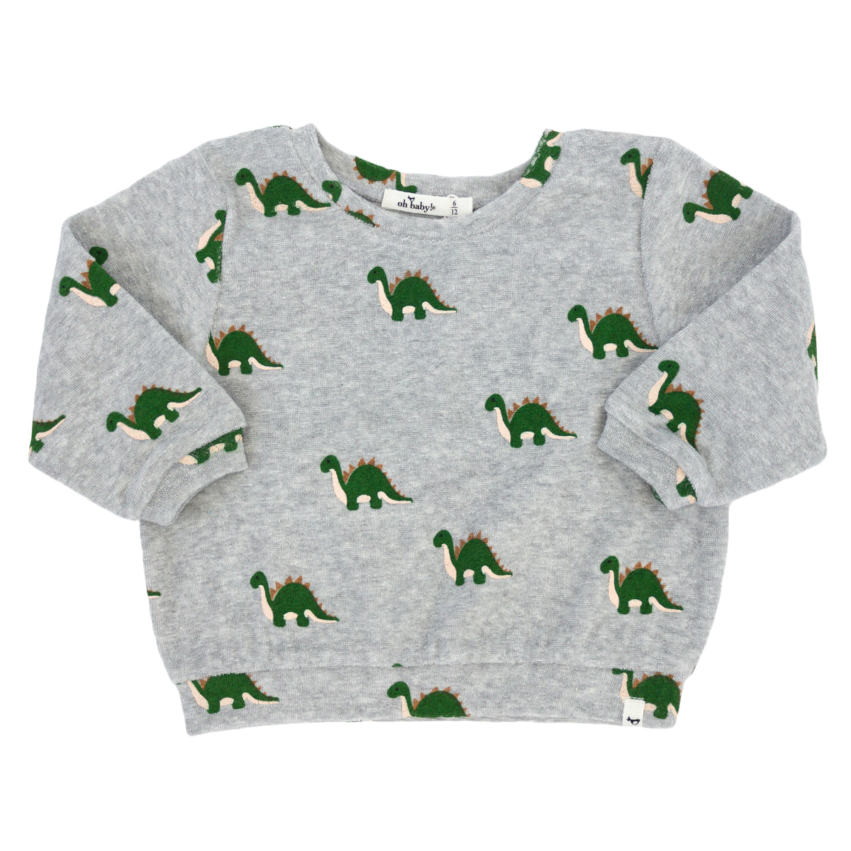 oh baby! Cotton Terry Boxy Sweatshirt - Dinosaur Print - Heather Gray