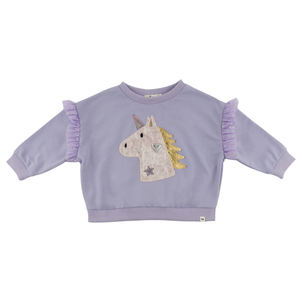 oh baby! Millie Sweatshirt - Unicorn Head Applique - Lavender - Flat Lay