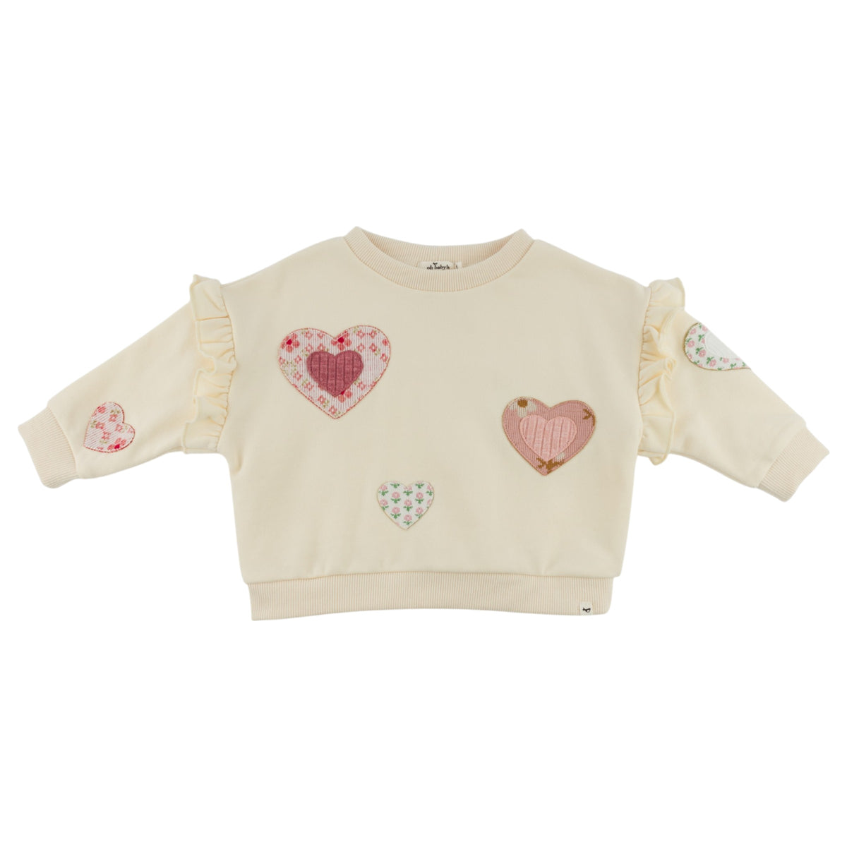 oh baby! Millie Sweatshirt - Multi Hearts Applique - Sugar Cookie - Flat Lay