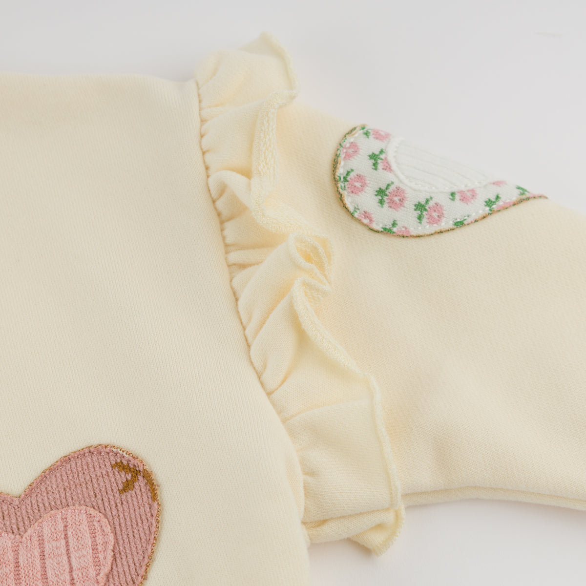 oh baby! Millie Sweatshirt - Multi Hearts Applique - Sugar Cookie - Ruffle Sleeve
