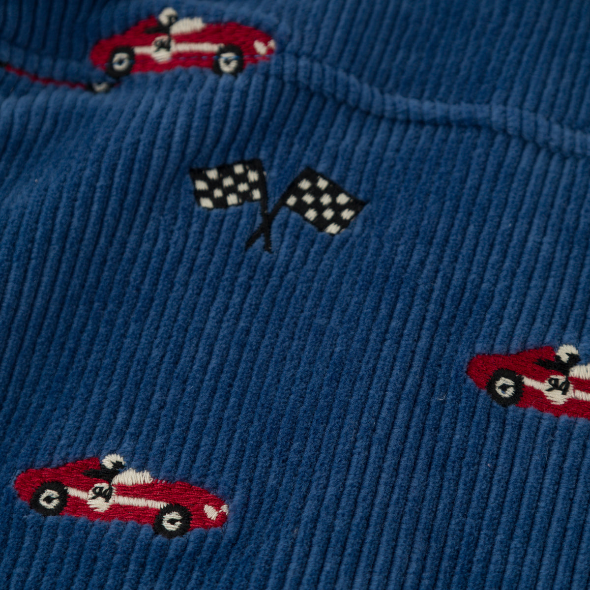 oh baby! Shacket - Embroidered Race Car with Flags - Denim - Close Up