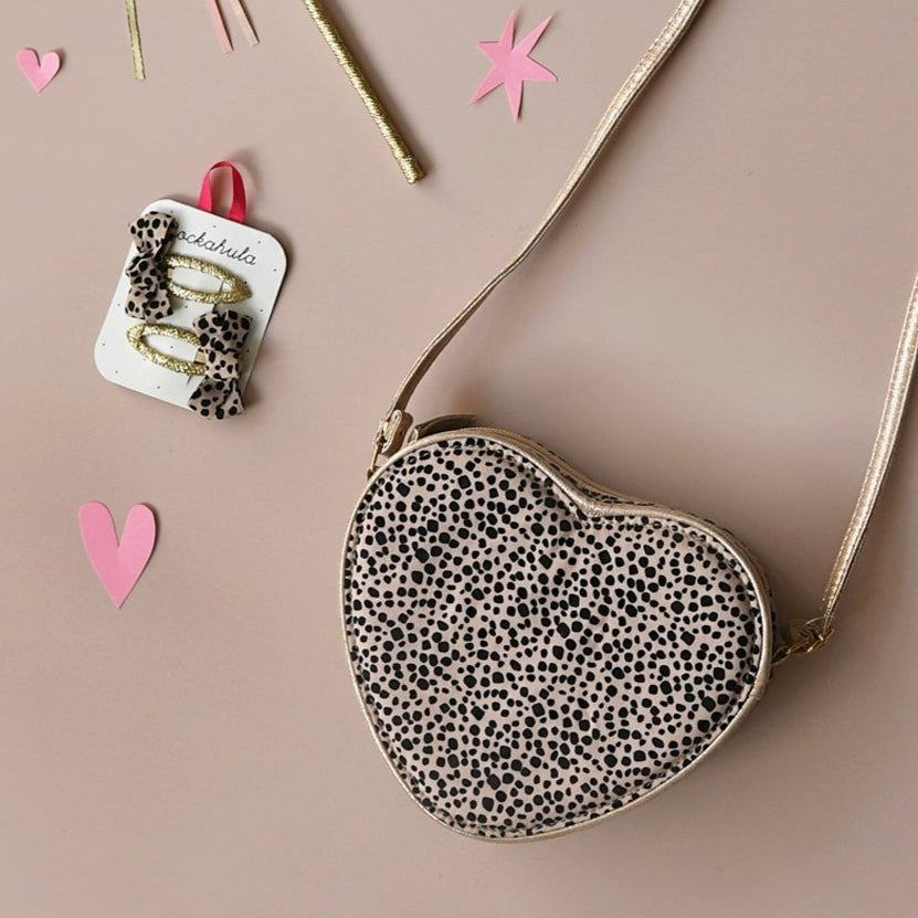 Love Heart Leopard Bag Purse - Flay Lay with hair clips