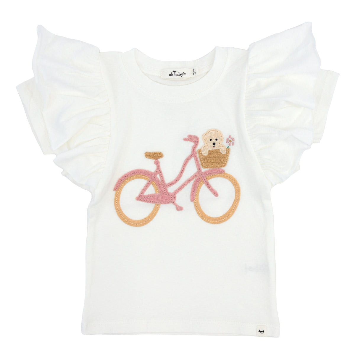 oh baby! Butterfly Short Sleeve Cotton Tee - Bicycle Puppy Basket Applique - Oyster