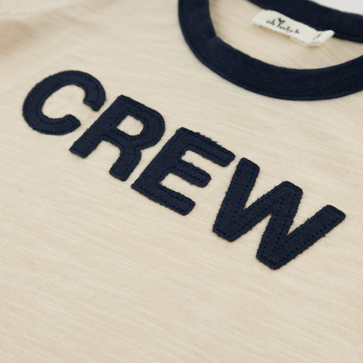 oh baby! Billie Ringer Short Sleeve Tee "Crew" Applique - Natural