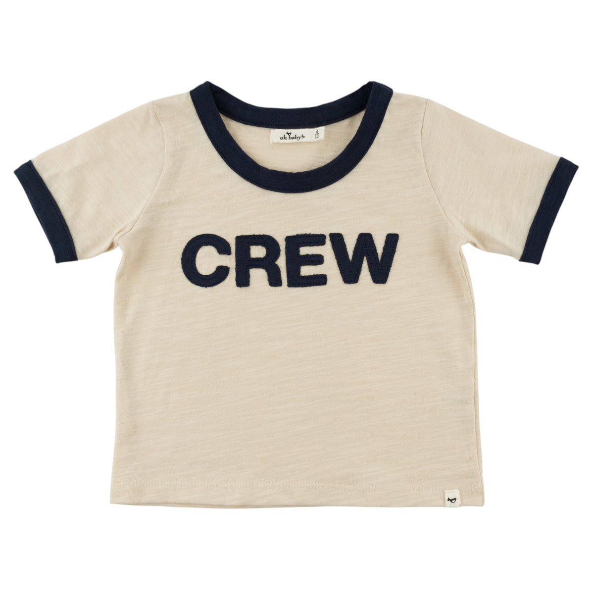 oh baby! Billie Ringer Short Sleeve Tee "Crew" Applique - Natural