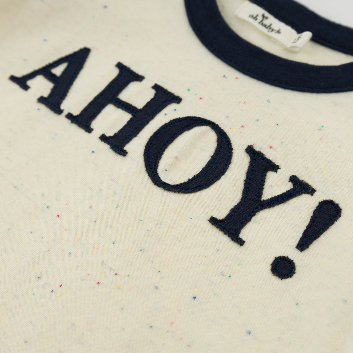 oh baby! Billie Ringer Short Sleeve Tee - "Ahoy" Applique - Confetti Natural