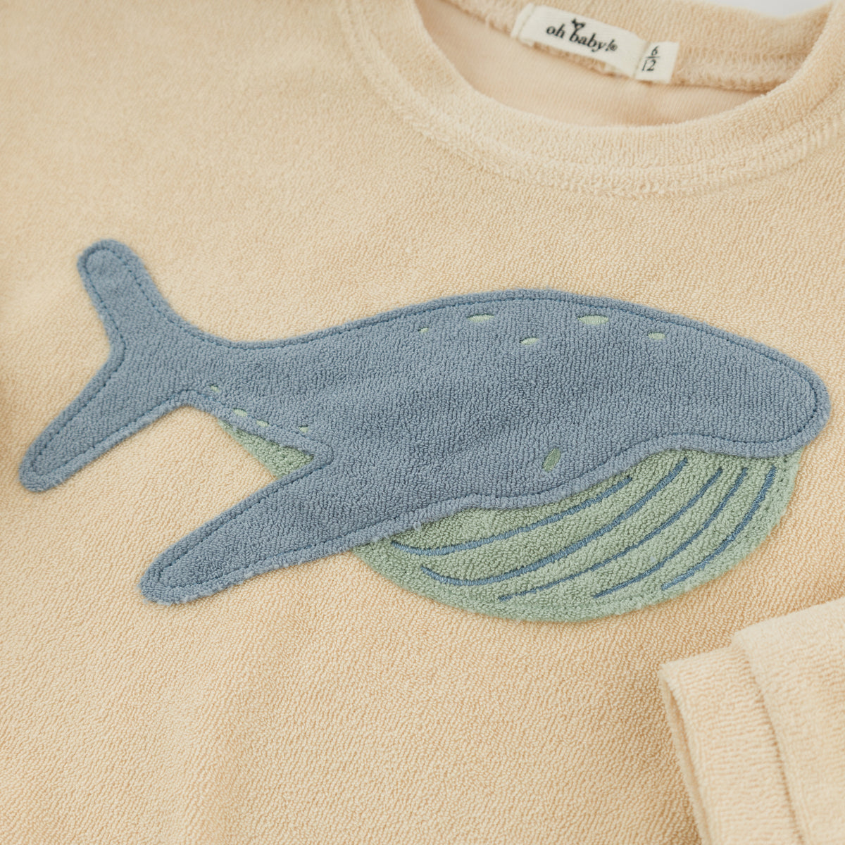 oh baby! Charlie Sweatshirt - Terry Whale Applique - Buff - Close Up