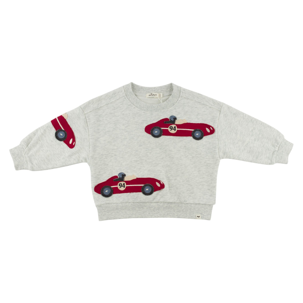 oh baby! Charlie Sweatshirt - Race Car Applique - Heather Gray - Flay Lay