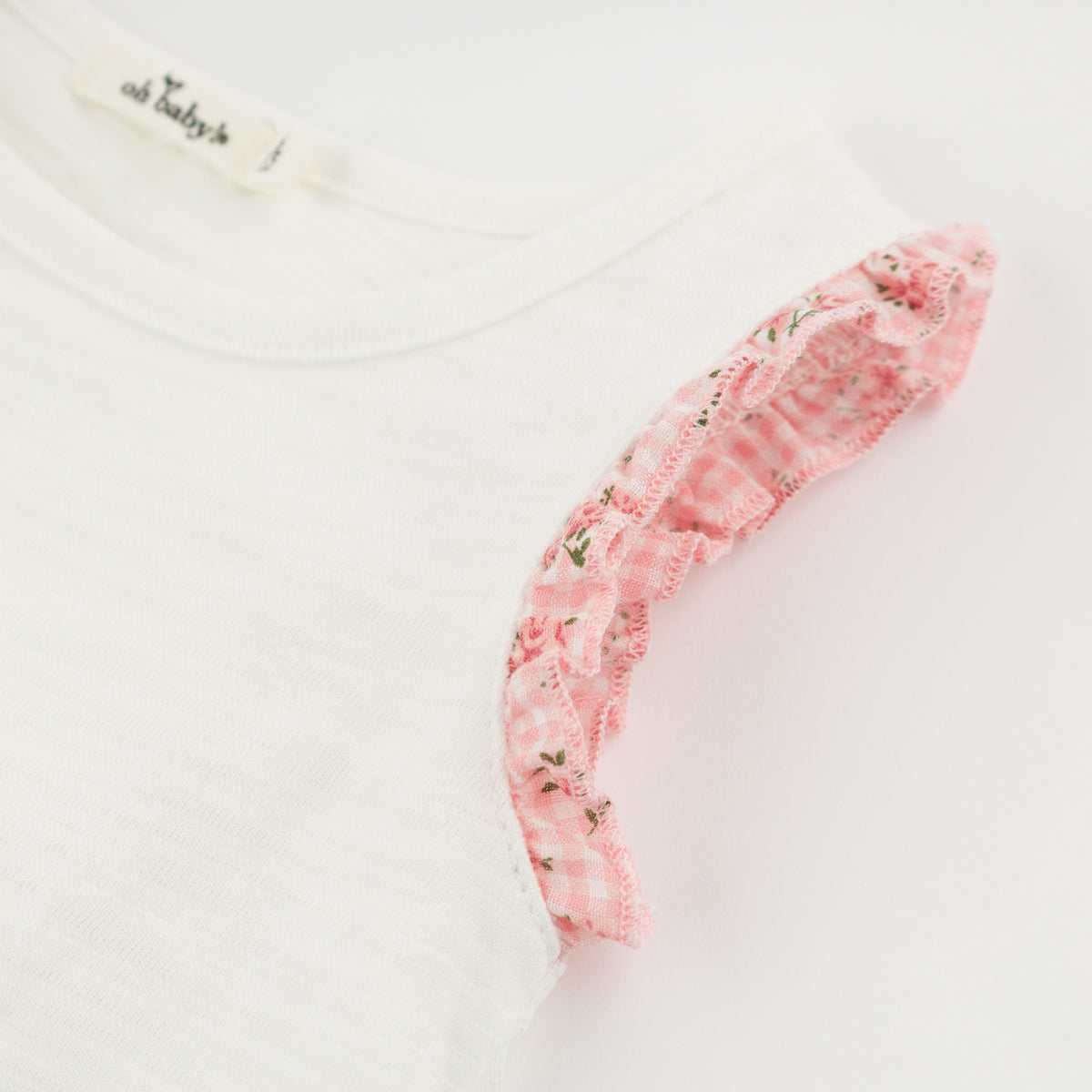 oh baby! Gracie Split Back Ruffle Tank - Dahlia Pink Floral Trim - Oyster - Sleeve Trim