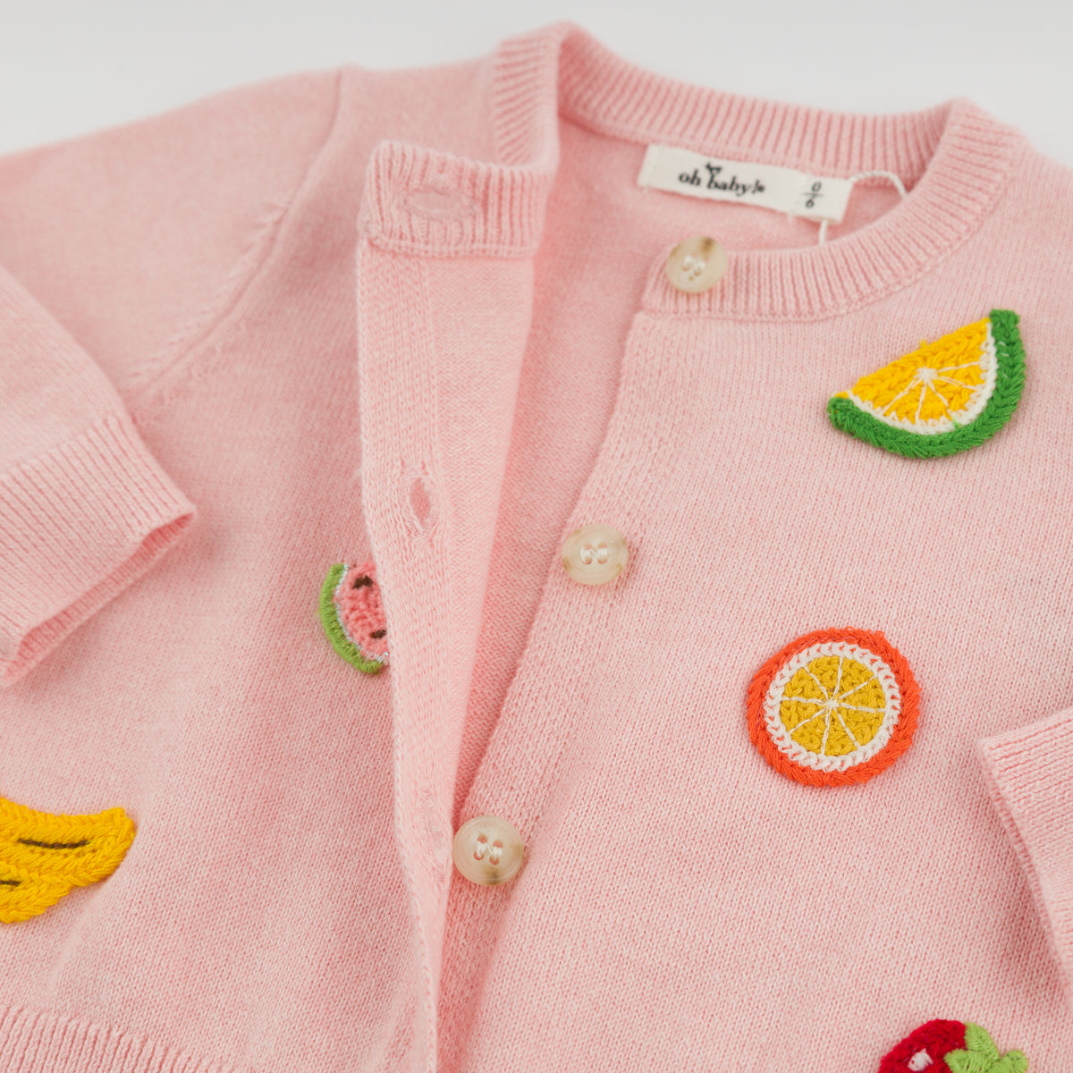 oh baby! Cardigan Sweater - Mixed Crochet Fruit Appliques - Pale Pink