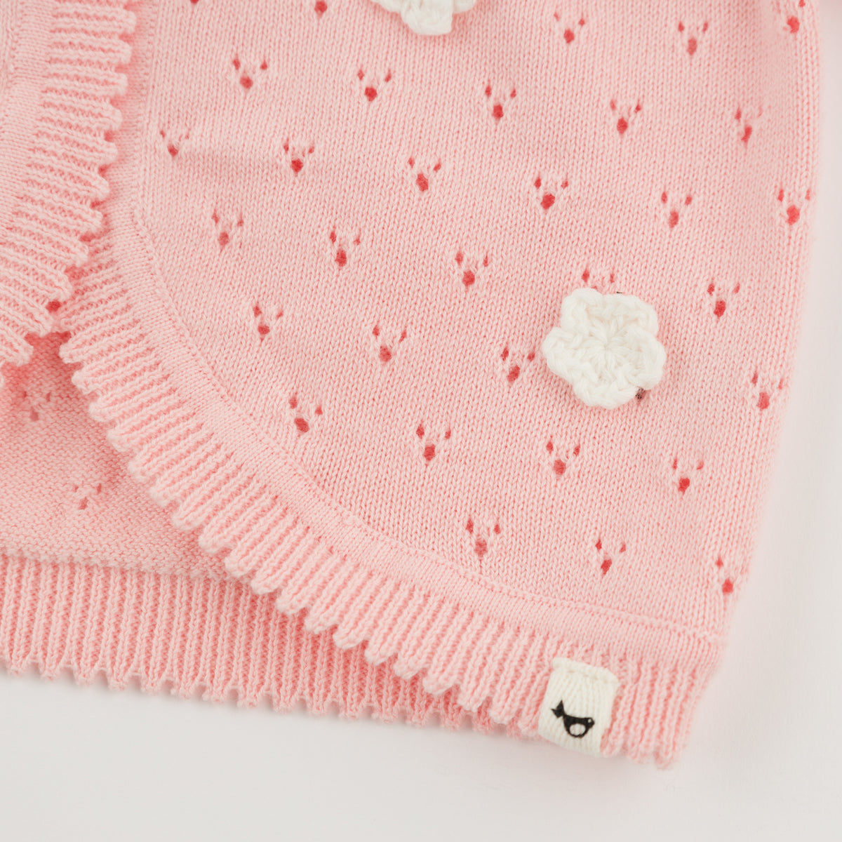 oh baby! Juliet Short Sleeve Cardigan - Scattered Flowers Bird Stitch - Pink - Close Up