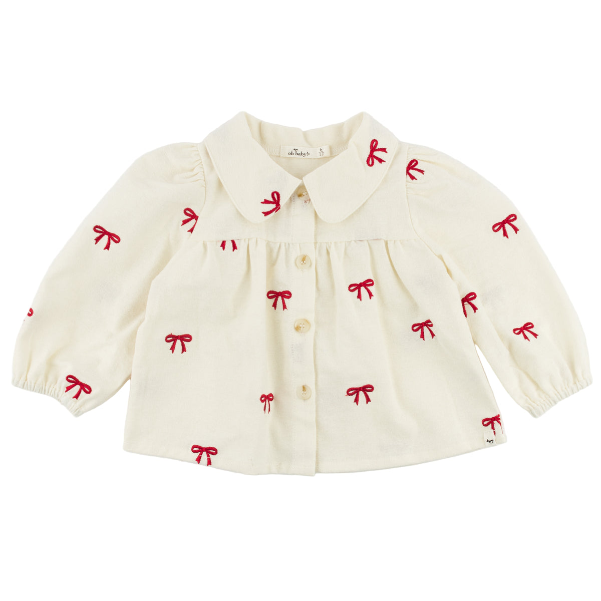 oh baby! Clara Long Sleeve Flannel Blouse - Cherry Bows Embroidered - Cream
