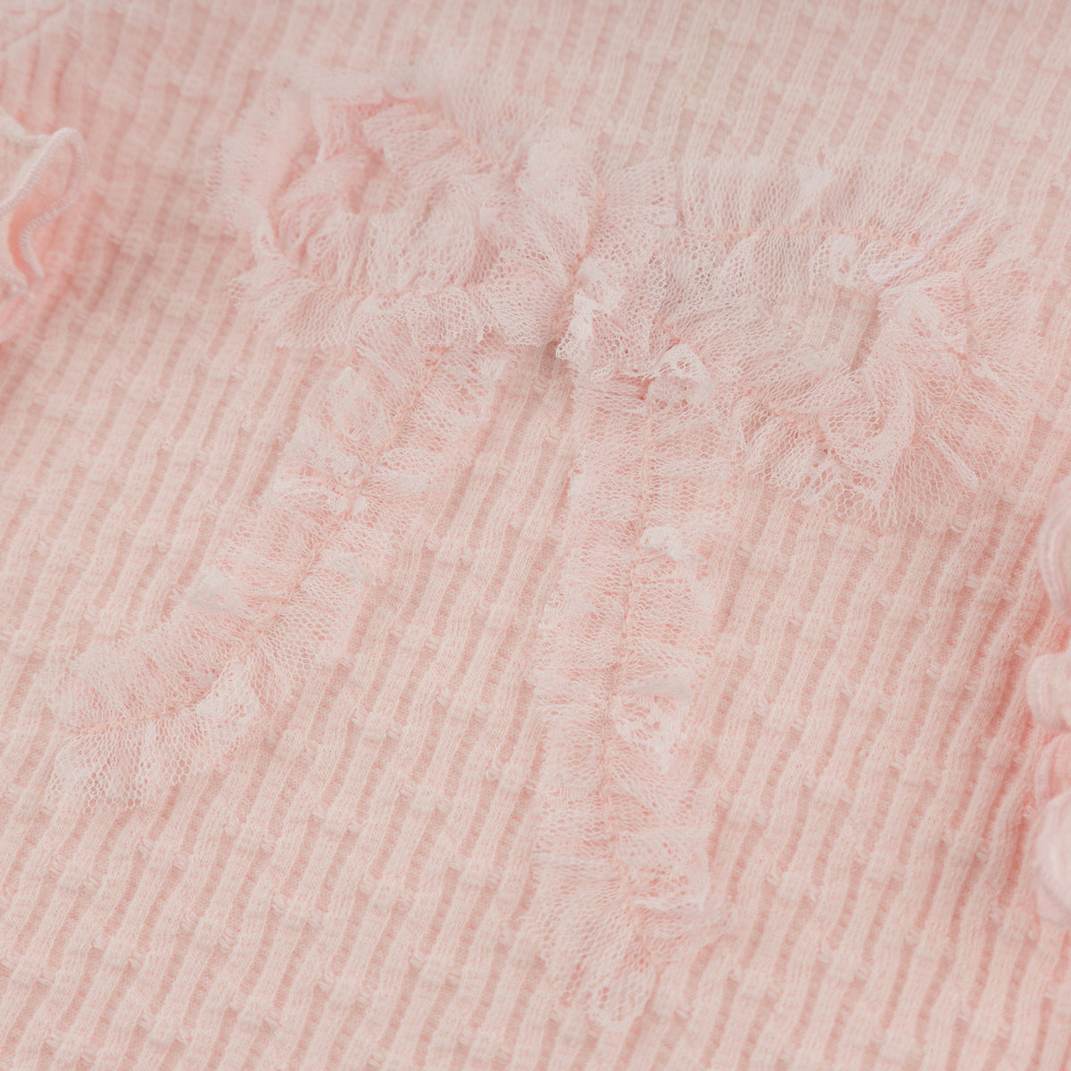 oh baby! Mock Neck Long Sleeve Top - Mini Bow Rib Ruffle Bow - Barely Pink - Applique Close Up