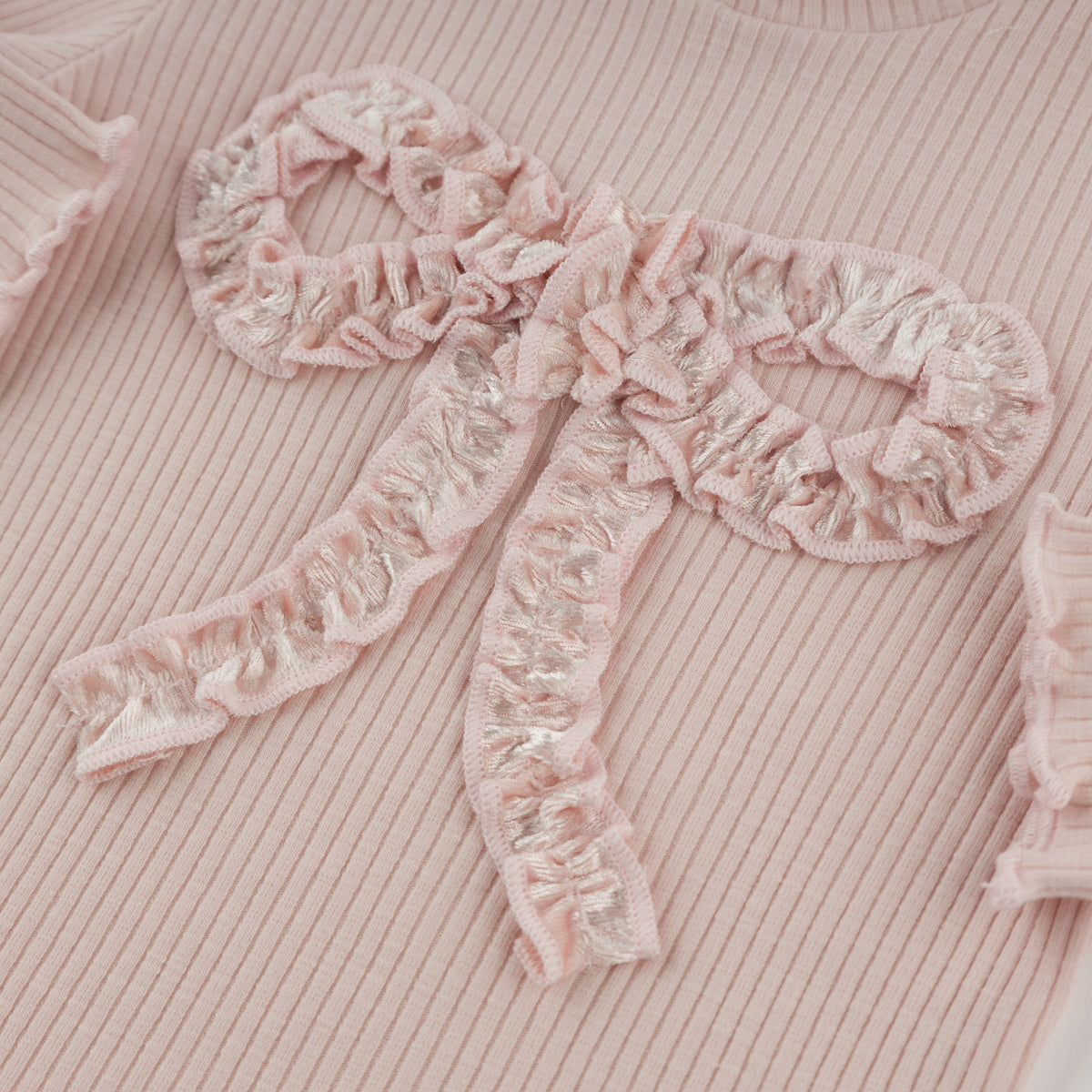 oh baby! Mock Neck Long Sleeve Top - Velvet Ruffle Bow - Dusty Pink - Close Up Bow Applique